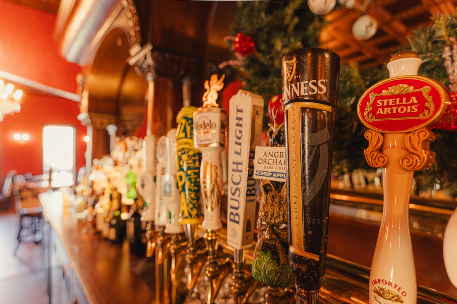 The draft beer tap wall at the Pink Heifer saloon